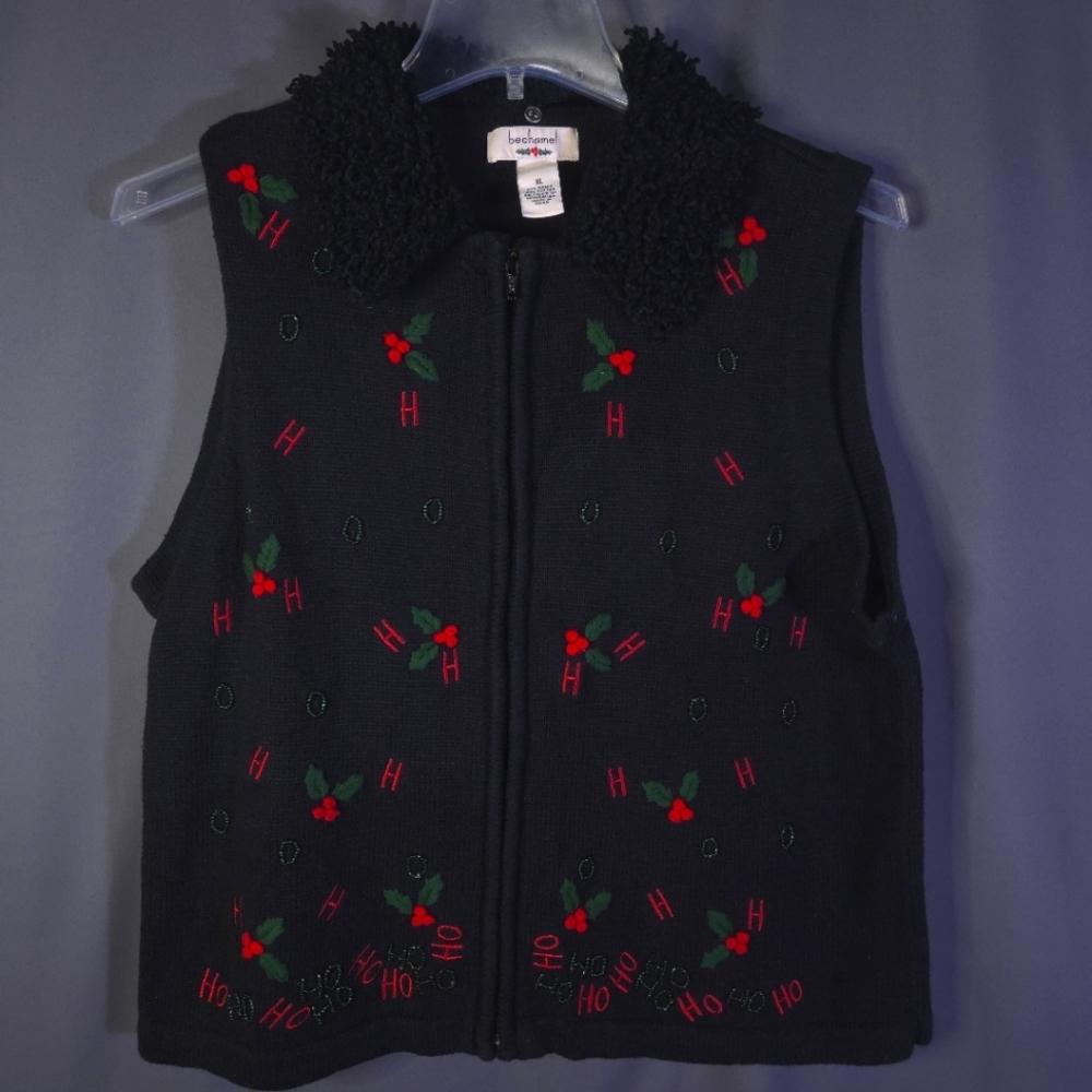 Bechamel Christmas Knit Vest‎ Black Size XL Beaded Ho Ho Ho Removable Collar